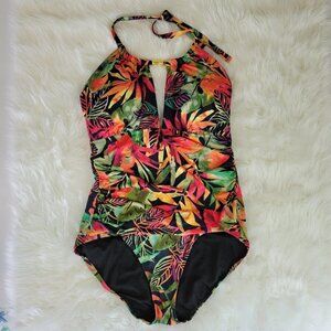 NWT Ralph Lauren Keyhole Halter Leaf Print One Piece Swimsuit Size 16